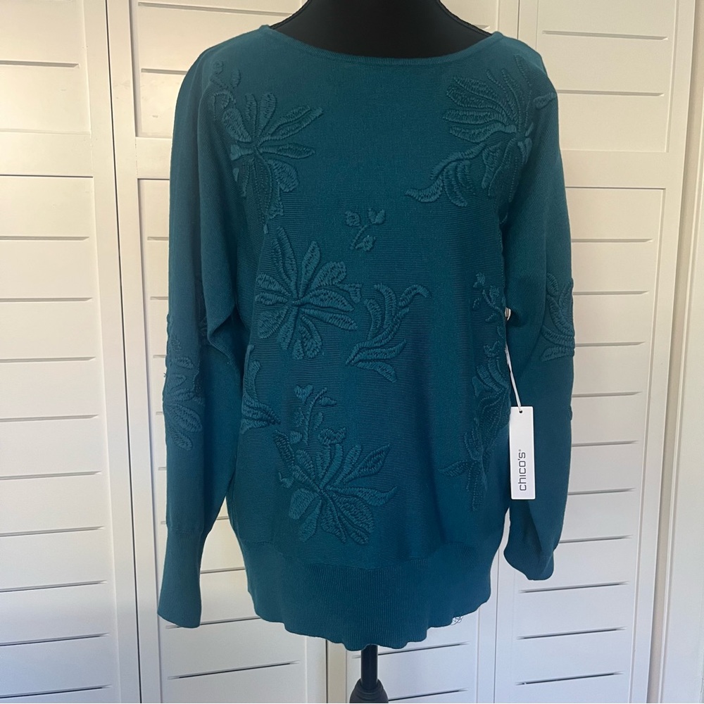 Chico's NWT Moonlit Teal Textured Floral Sweater Sz 1